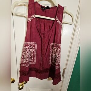 Sweet Wanderer Embroidered Burgundy Sleeveless Top Tunic